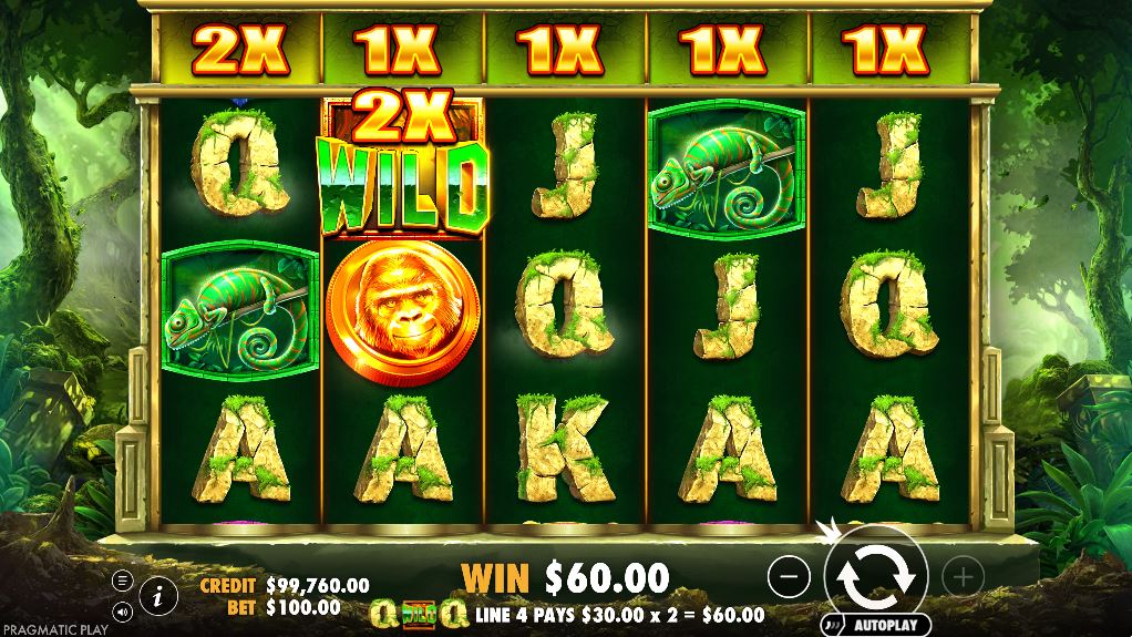 Jungle Gorilla slot base game view with 5x3 grid and initial 1x multipliers.