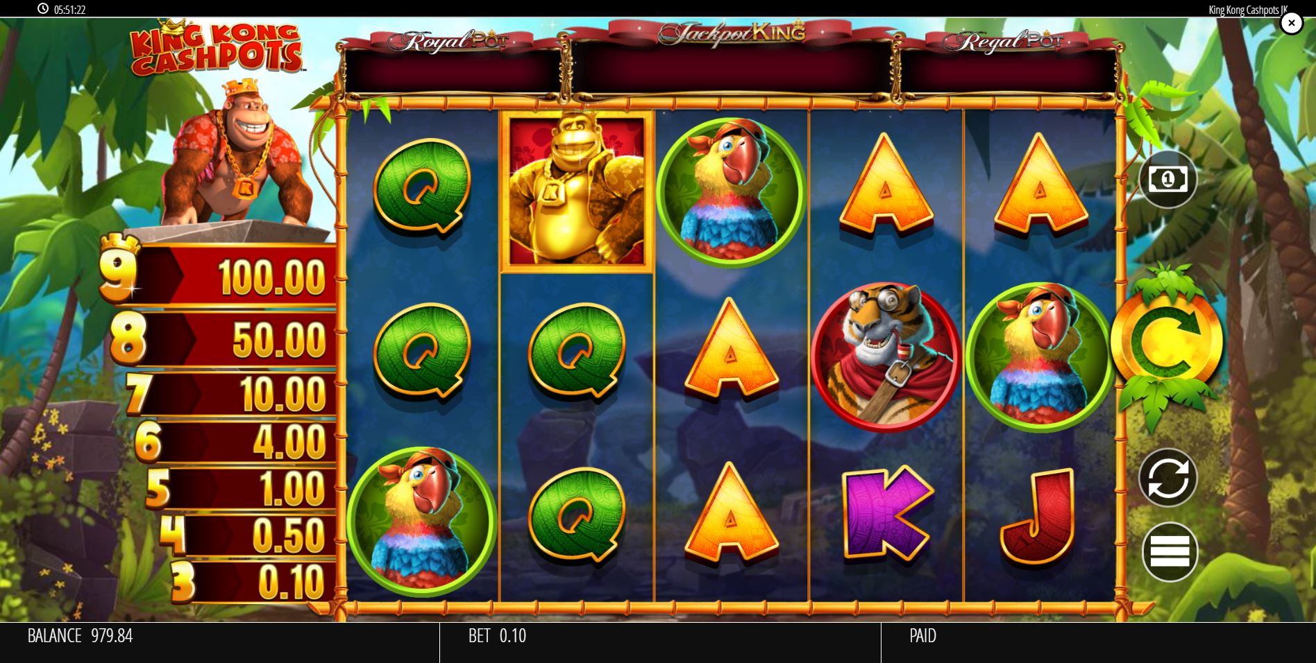 The main game screen of the King Kong Cashpots slot, showing the 5x3 reel layout and the Cashpot prize ladder.
