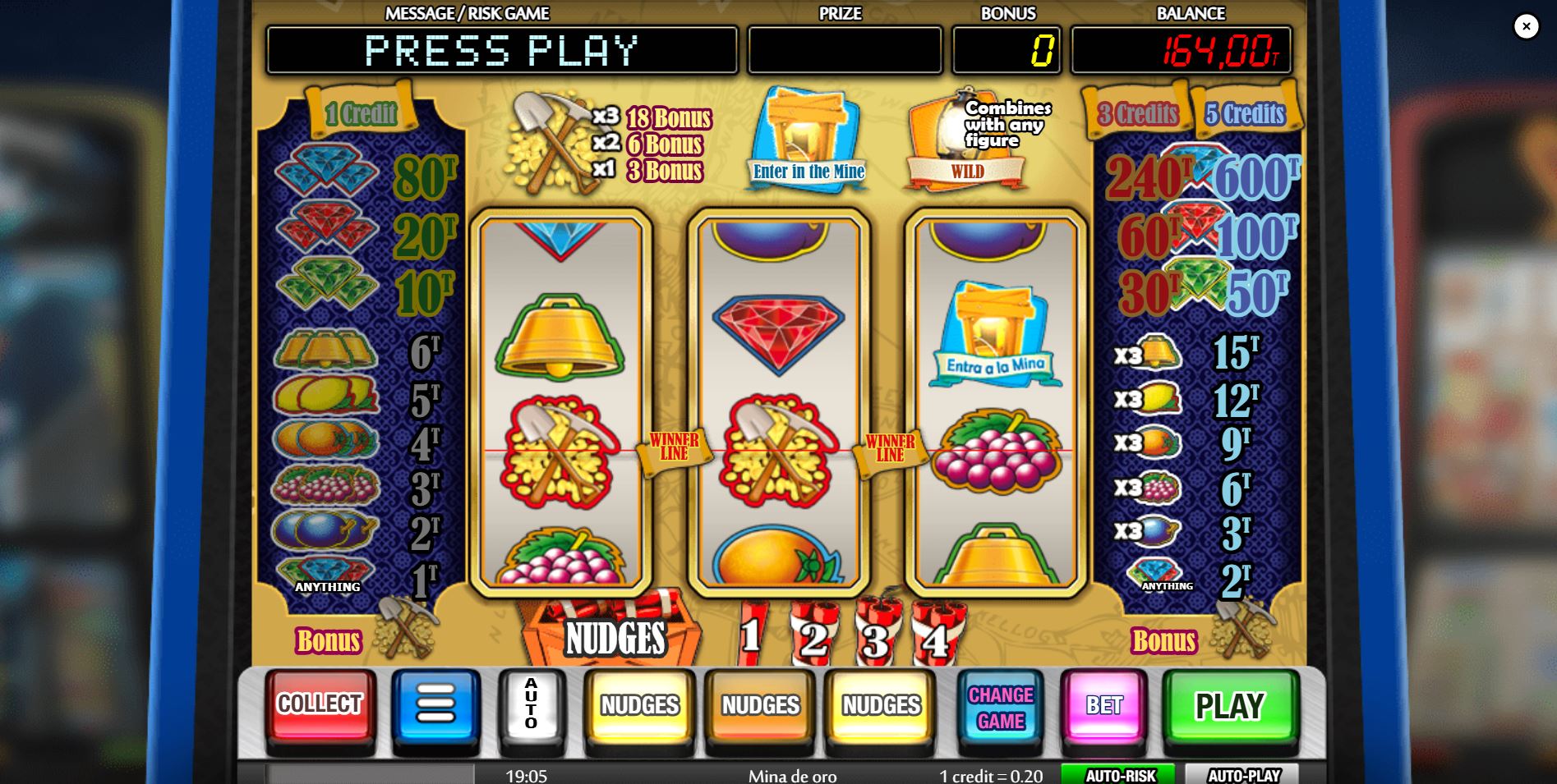 The main 3x1 reel gameplay screen of the La Mina de Oro classic slot by MGA.