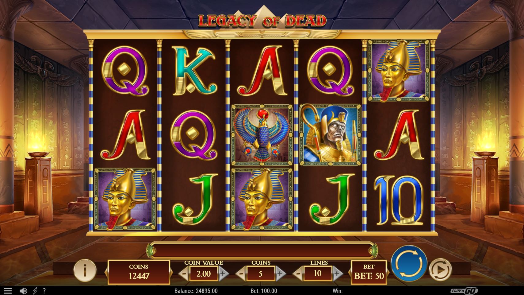 The 5x3 reel layout of the Legacy of Dead slot demo, showing the Egyptian tomb setting and high-value symbols.