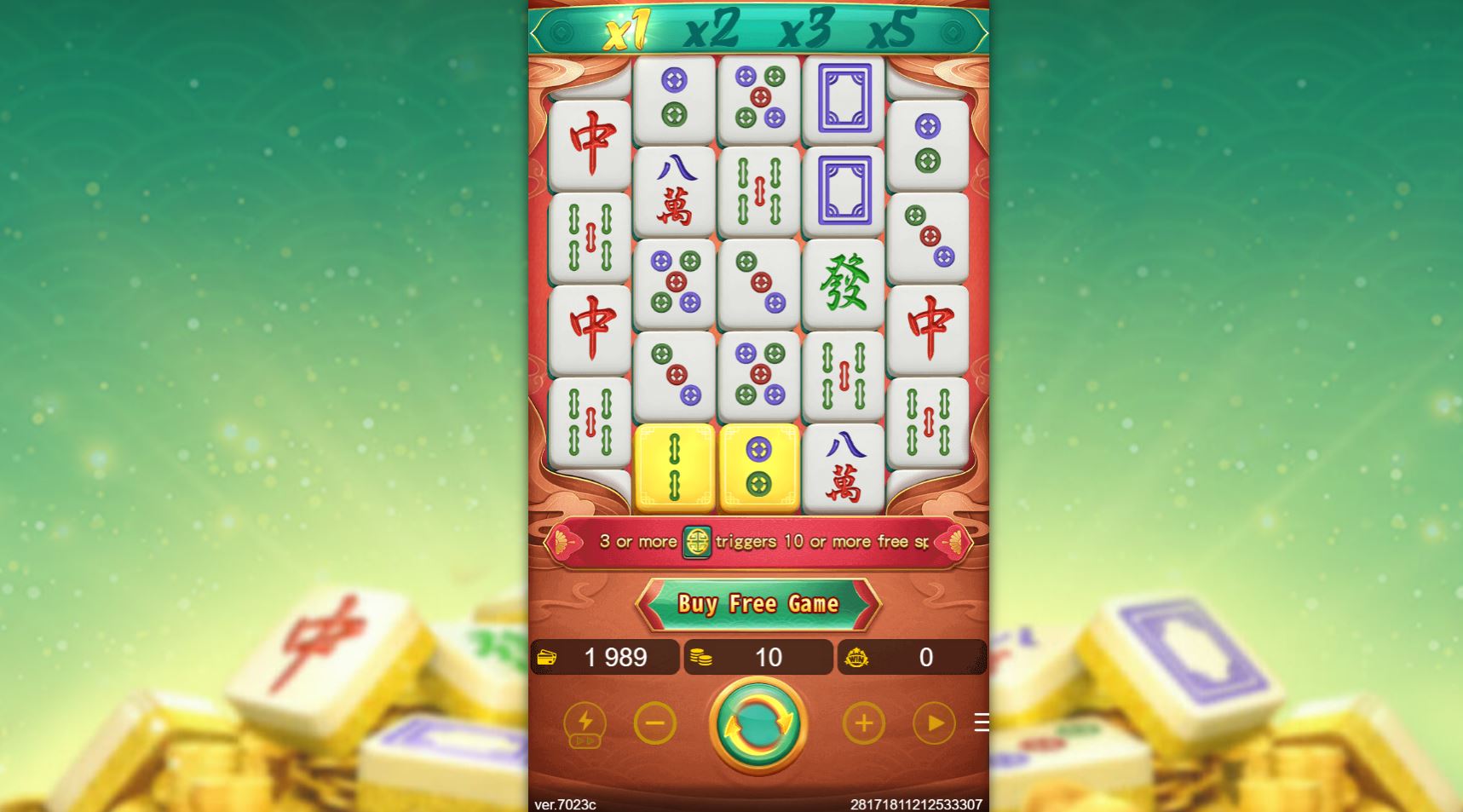 The base game grid of Mahjong Self-Drawn Win 2, showing the 5x4 layout and the progressive multiplier meter.