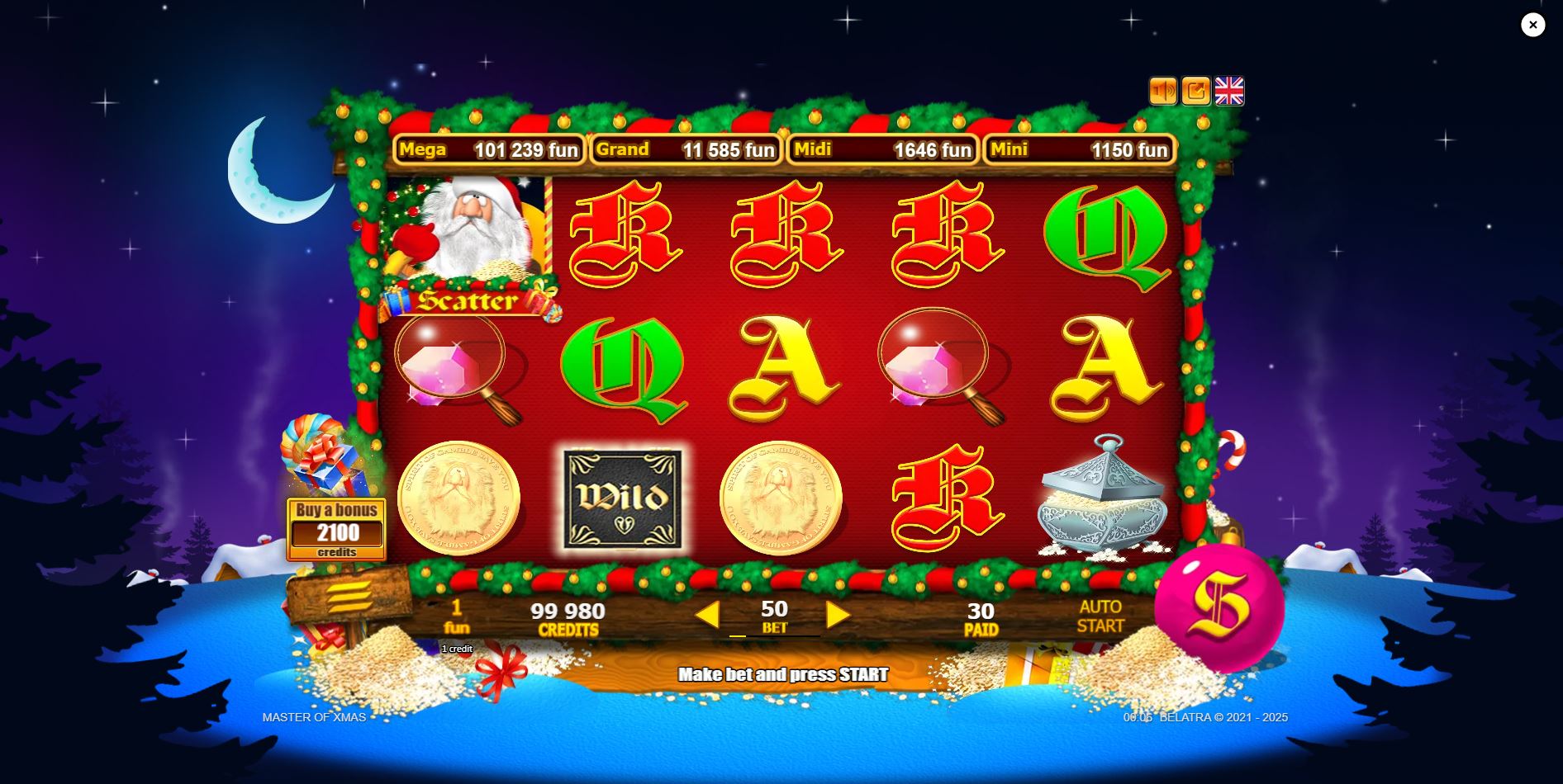 The base game grid of the Master of Xmas slot, showing the Christmas-themed symbols against a snowy night background.