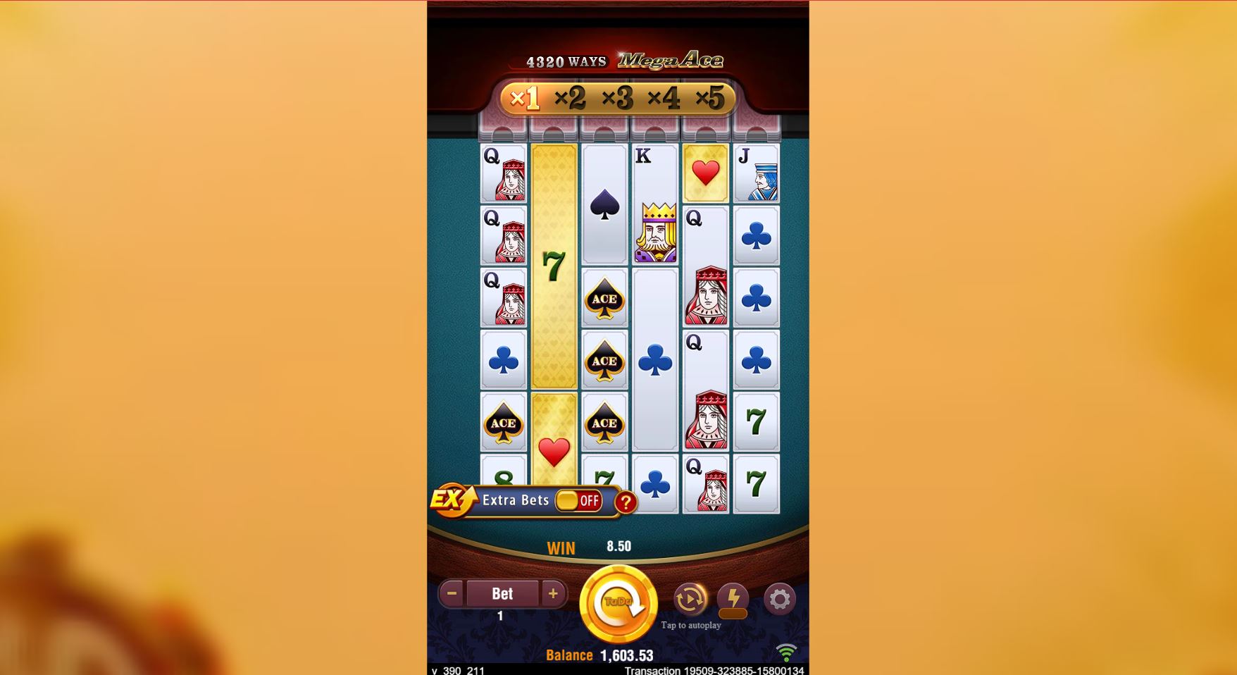 The main 6x6 game grid of the Mega Ace slot, showing the card-themed symbols and multiplier trail above the reels.