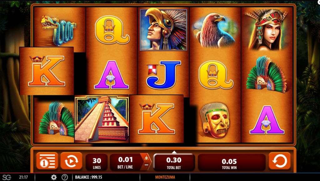 Montezuma slot gameplay screenshot showing reels, symbols, and jungle theme.