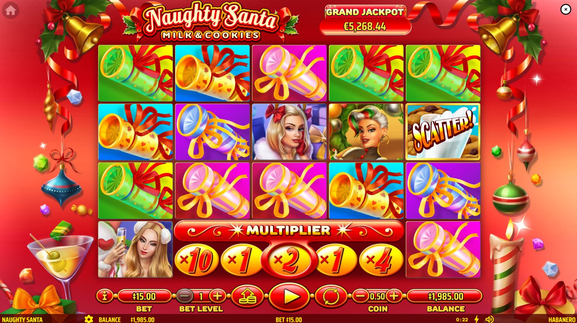 The main game grid of the Naughty Santa slot, showing the 4-3-4-3-4 reel layout and festive Christmas party theme.