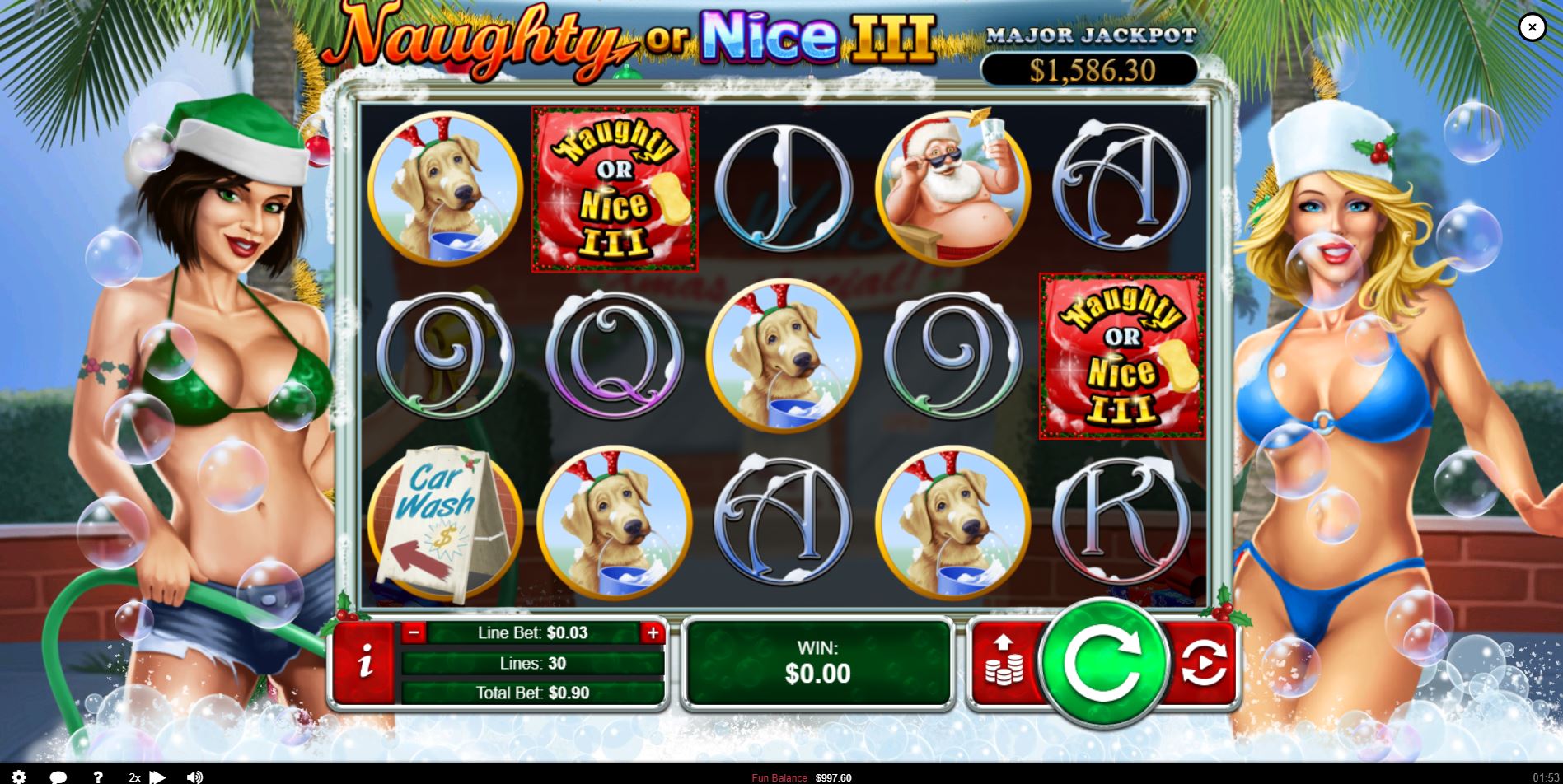 The main game screen of the Naughty or Nice III slot, showing the 5x3 reel layout and Christmas car wash theme.