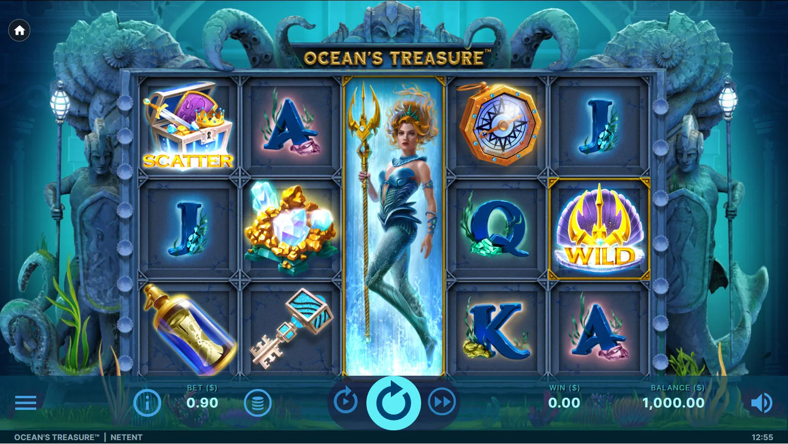 Ocean's Treasure slot base game showing a full 1x3 Nereid stacked wild on the reels, essential for sustaining the balance during dead spins.