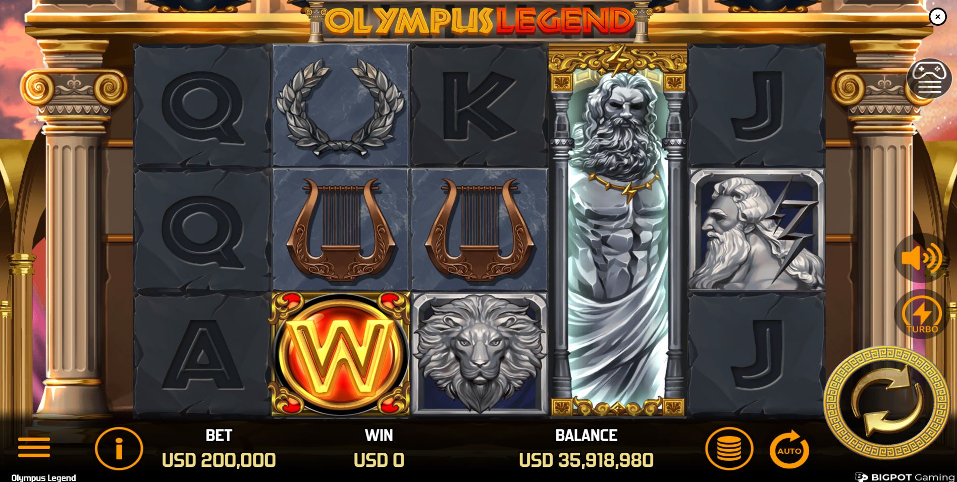 The main game grid of the Olympus Legend slot, showcasing the stone-carved symbols and ancient Greek temple setting.