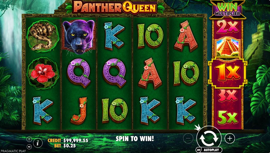 Panther Queen slot base game with the 6th multiplier reel visible.
