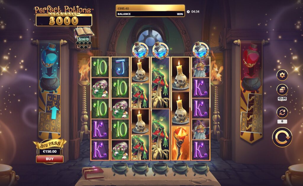 Perfect Potions Megaways slot base game screen showing Megaways reels, potion symbols above, and alchemist workshop theme by SG Digital.