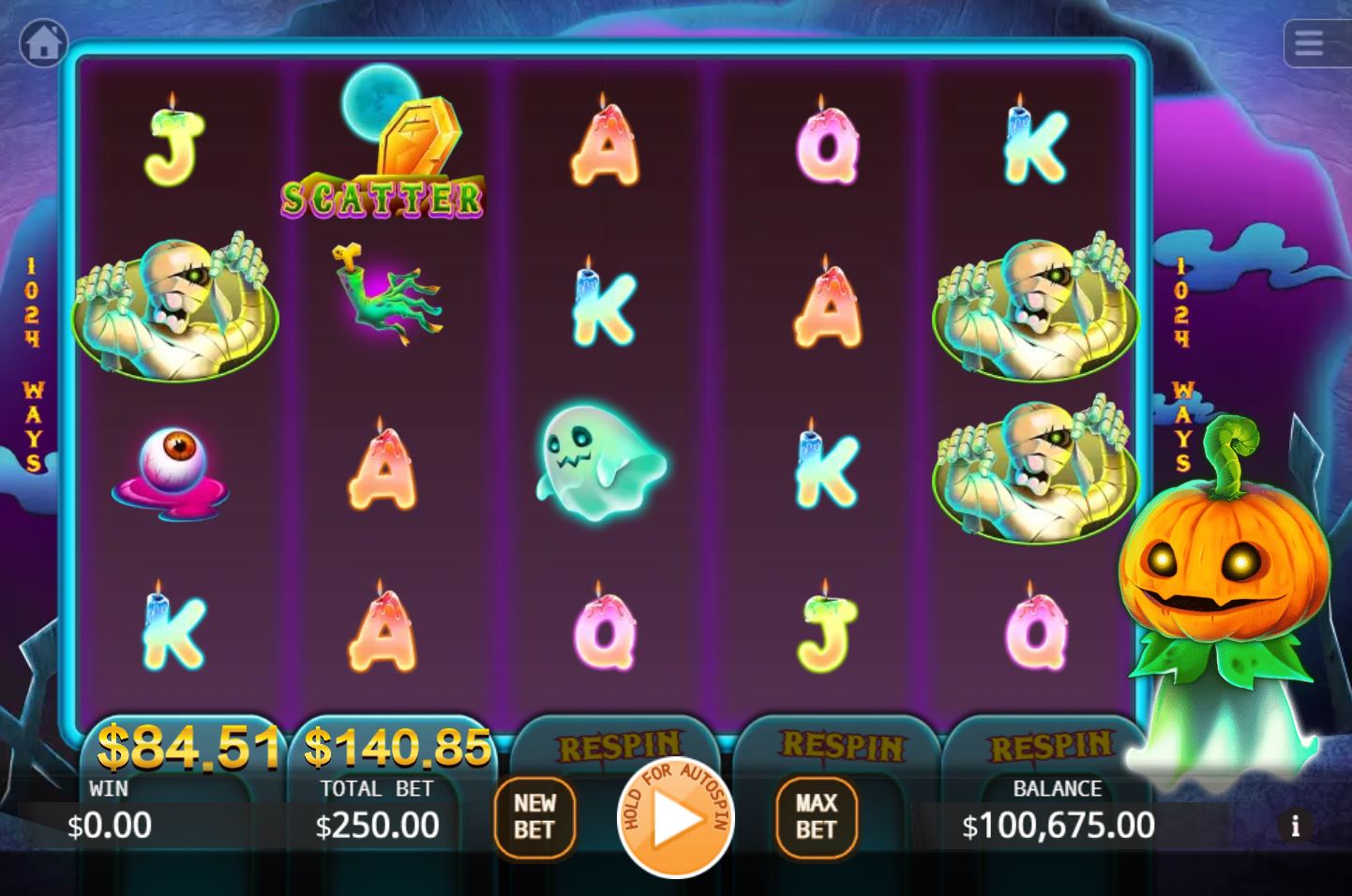 The main 5x4 game grid of the Pumpkin Win slot, showcasing the Halloween-themed symbols.