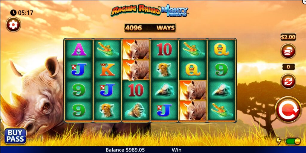 Raging Rhino MightyWays slot base game view with 6x4 reel layout and wildlife symbols.