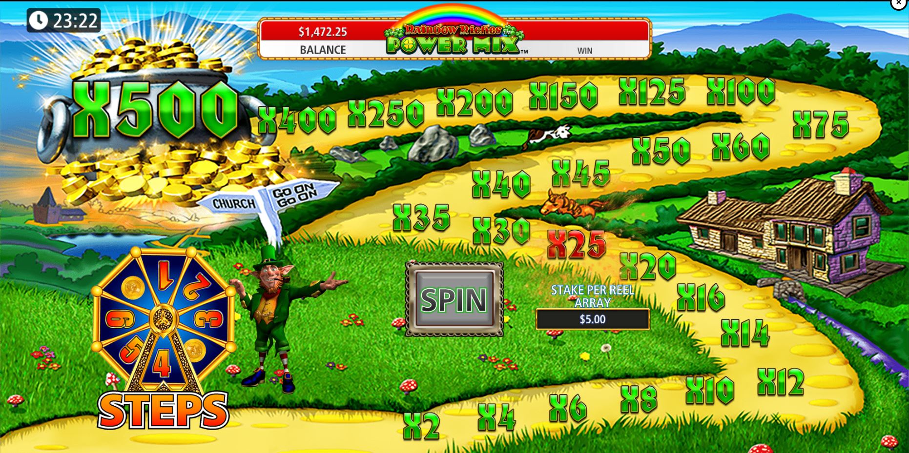 A full-screen view of the Road to Riches bonus in Rainbow Riches Power Mix, detailing the multiplier path leading to a 500x pot of gold.