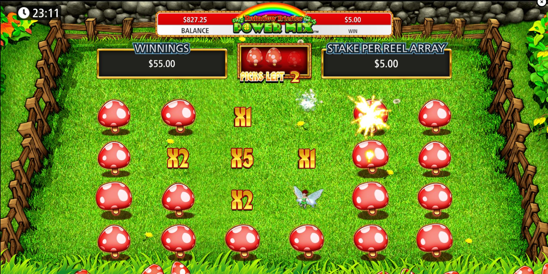 The Magic Toadstool pick-me bonus round in Rainbow Riches Power Mix, showing revealed multipliers and a fairy.