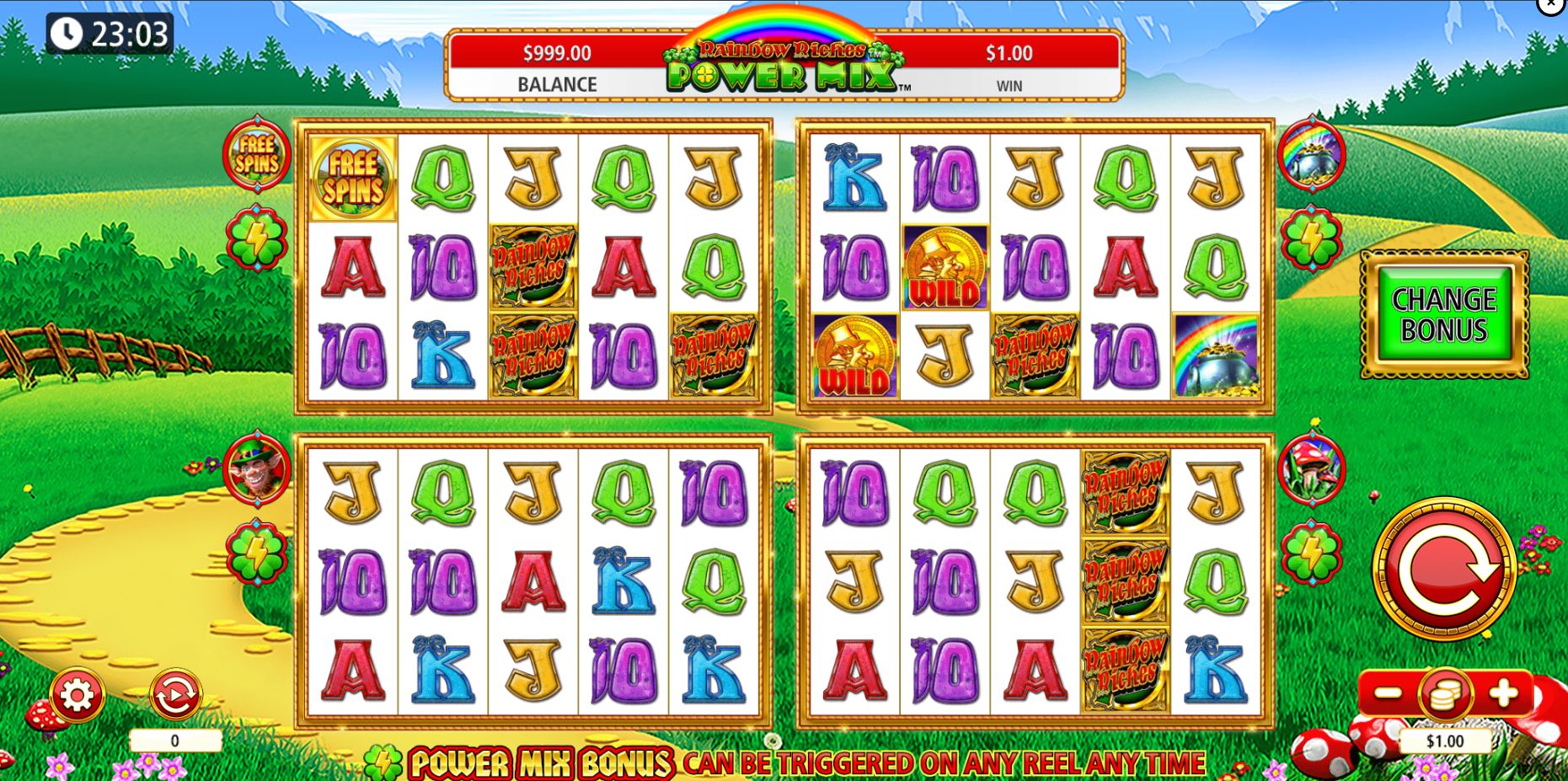 A full view of the four simultaneous 5x3 reel grids in the Rainbow Riches Power Mix slot demo.