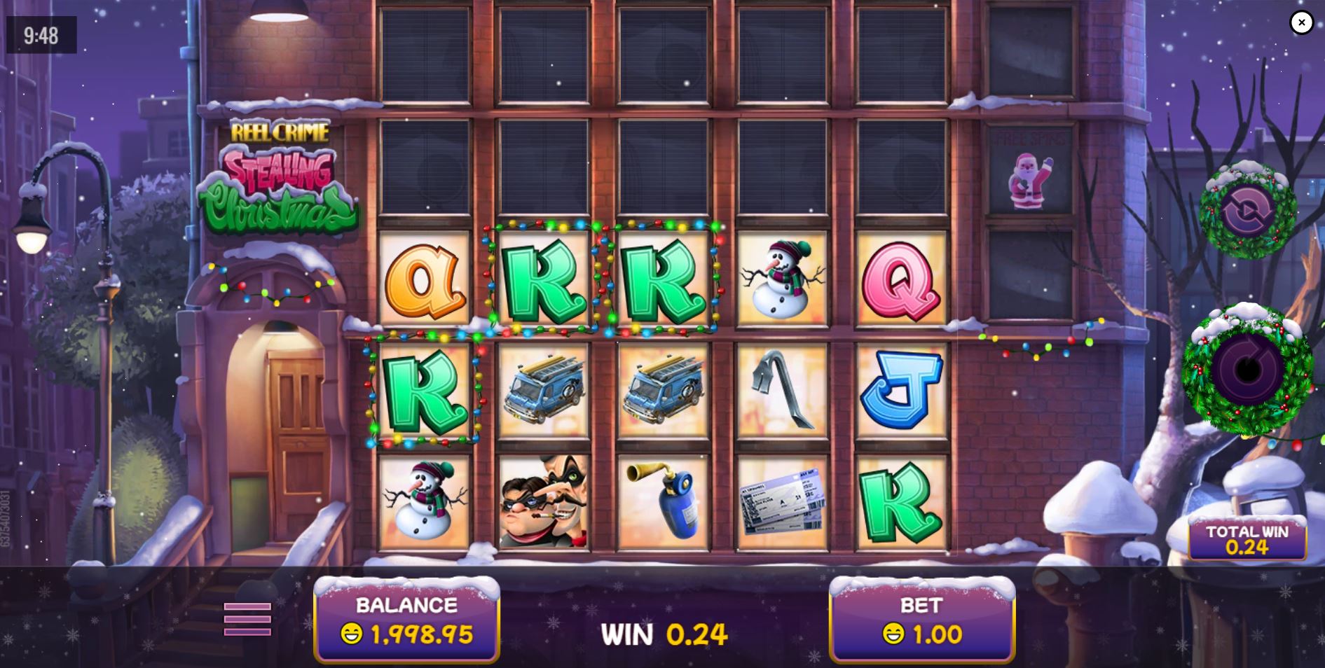 The 5x3 main game grid of the Reel Crime: Stealing Christmas slot, set against a snowy suburban street at night.