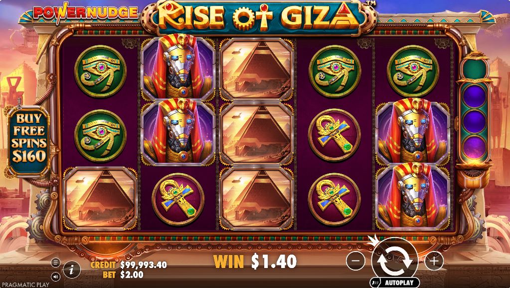 Rise of Giza PowerNudge slot gameplay interface with a 5x3 reel layout.