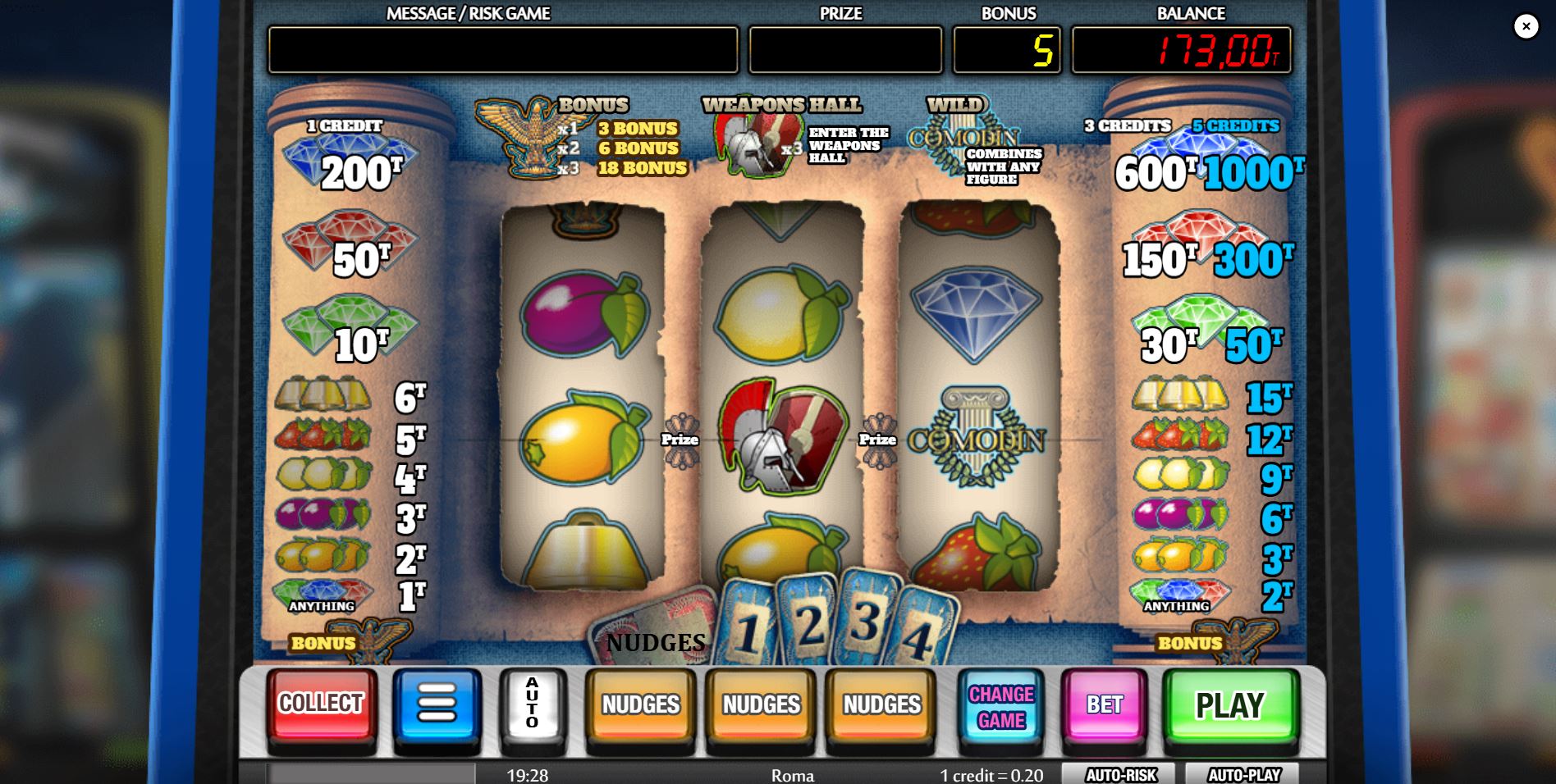 Main game screen of the Roma classic slot, showcasing the 3-reel layout and nudge buttons.