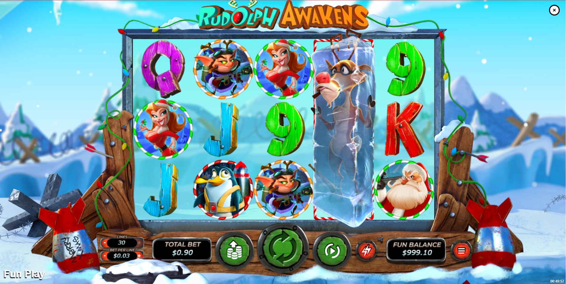 The main 5x3 game screen of the Rudolph Awakens slot, showing the snowy battlefield theme and character symbols on the reels.