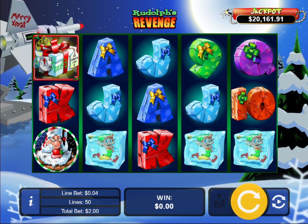 The main game screen of Rudolph's Revenge slot, showing the 5x3 reel layout against a snowy North Pole backdrop.