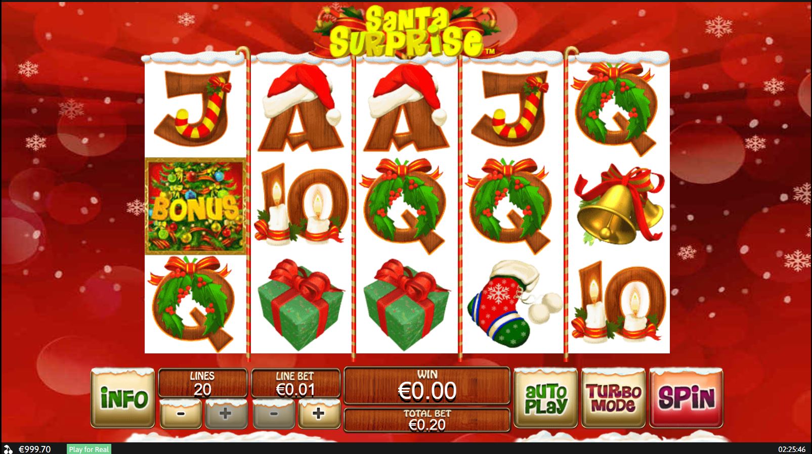 The main 5x3 reel layout of the Santa Surprise slot, showcasing the festive Christmas-themed symbols during regular gameplay.