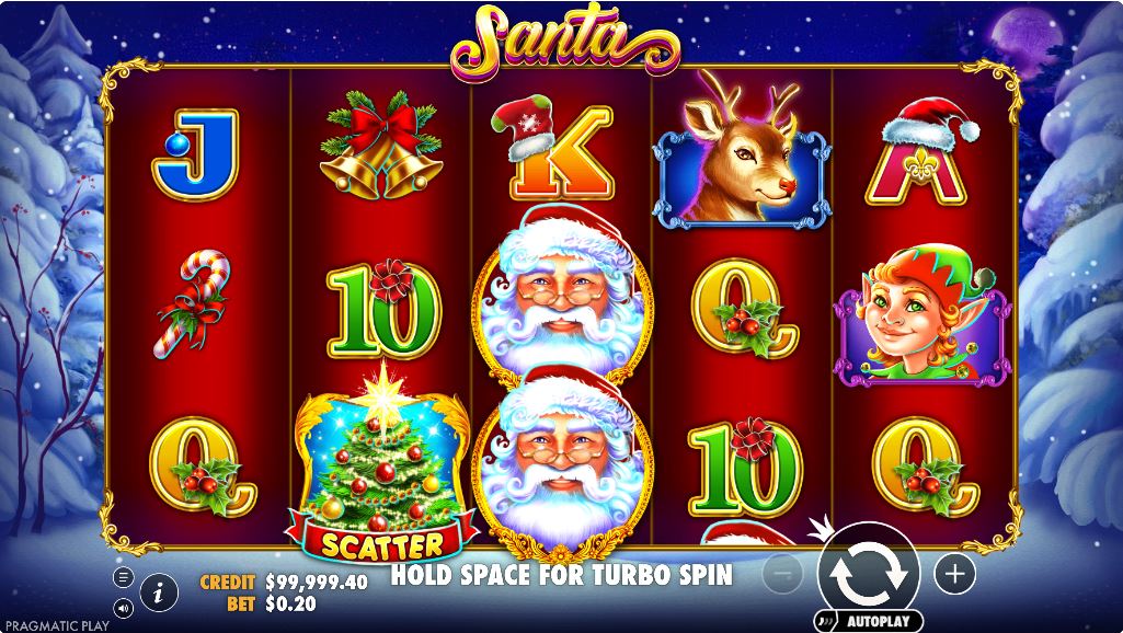 The main game screen of the Santa slot by Pragmatic Play, showing the 5x3 reel layout.