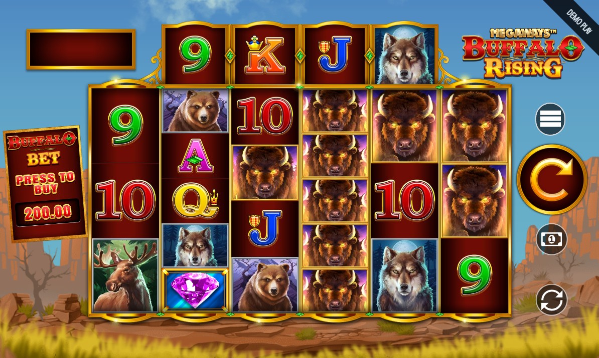 The main game screen of Buffalo Rising Megaways, showcasing the 6x7 grid with the horizontal top reel set against a canyon backdrop.