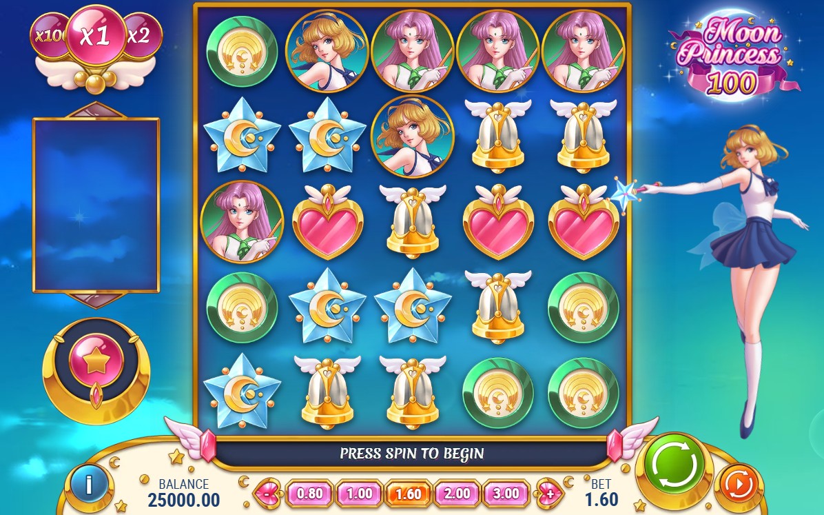 The 5x5 grid of the Moon Princess 100 slot demo, showing the initial layout and princess character.