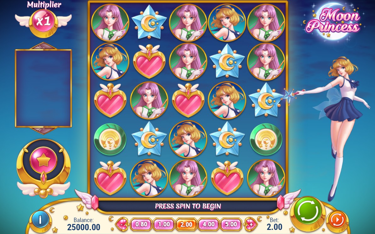 The main 5x5 game grid of the Moon Princess slot, showing the three princess symbols and the user interface.
