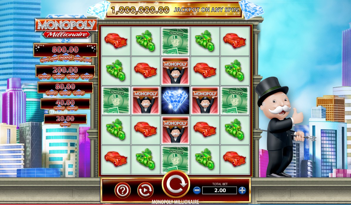 The 5x5 game grid of the Monopoly Millionaire slot, showing Mr. Monopoly and the city background.
