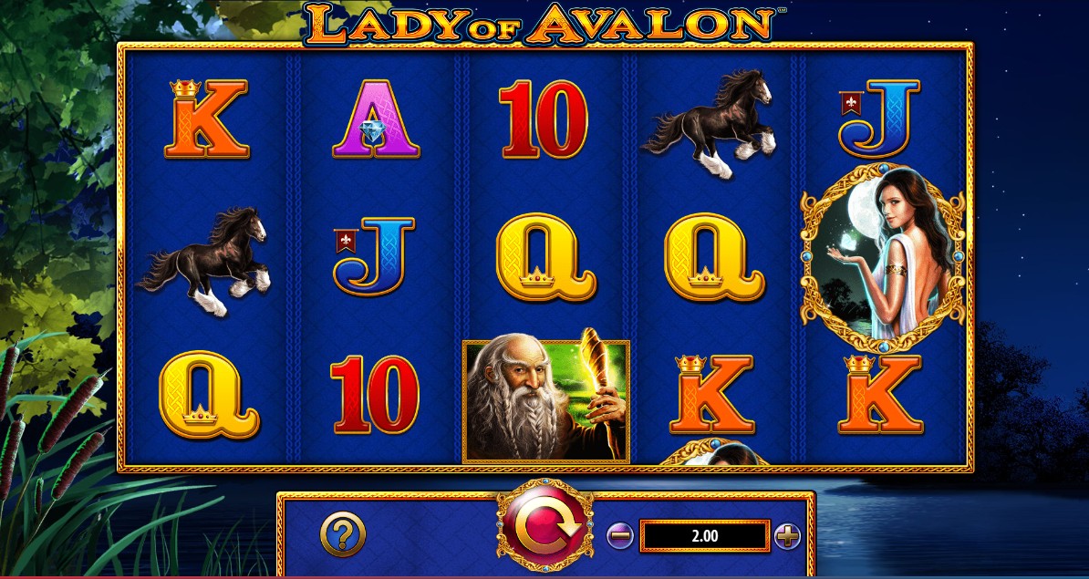 The 5x3 game grid of the Lady of Avalon slot, showing the mystical Arthurian symbols against a moonlit lake backdrop.