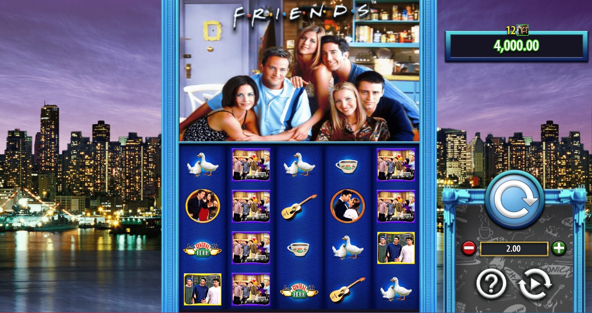 The main 5x4 game board of the Friends online slot, showing the iconic characters on the reels against a New York skyline.