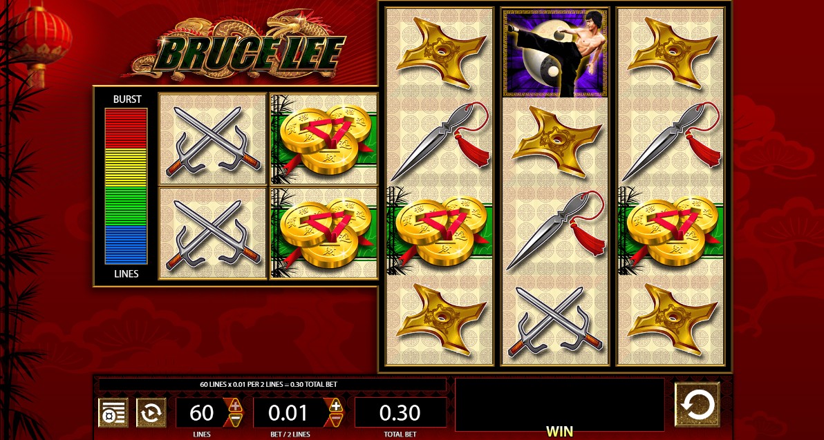 The main game screen of the Bruce Lee slot, showing the unique Money Burst reel layout with two 2x2 reels and a 3x4 grid.