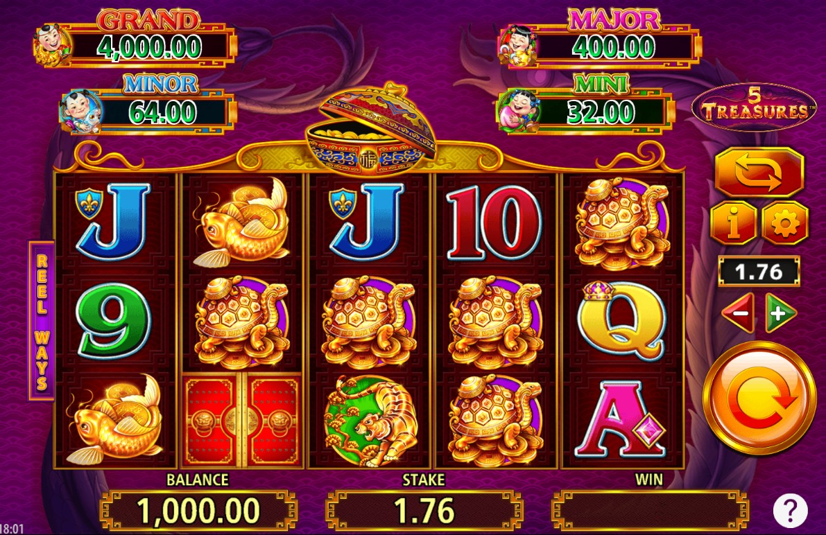 The 5x3 reel layout of the 5 Treasures slot, showcasing the high-paying symbols and jackpot displays.