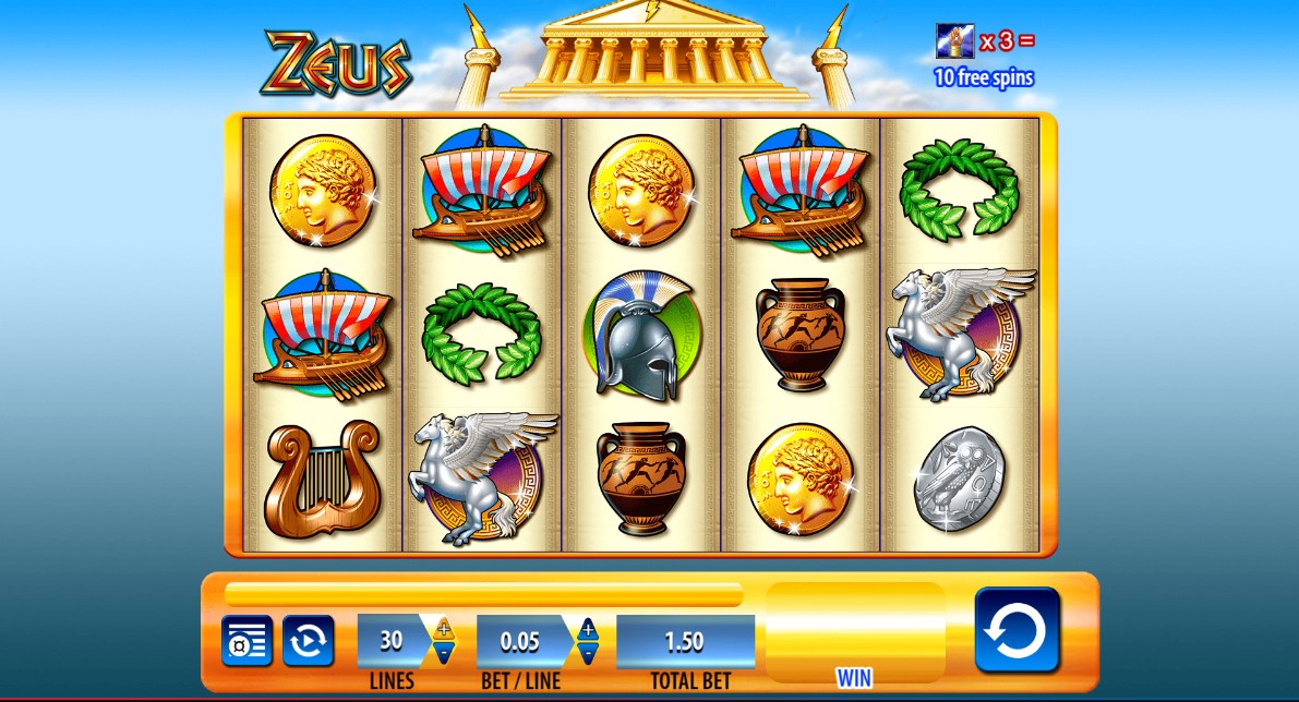 The main 5x3 game screen of the Zeus slot, showing mythological symbols against a blue sky background.