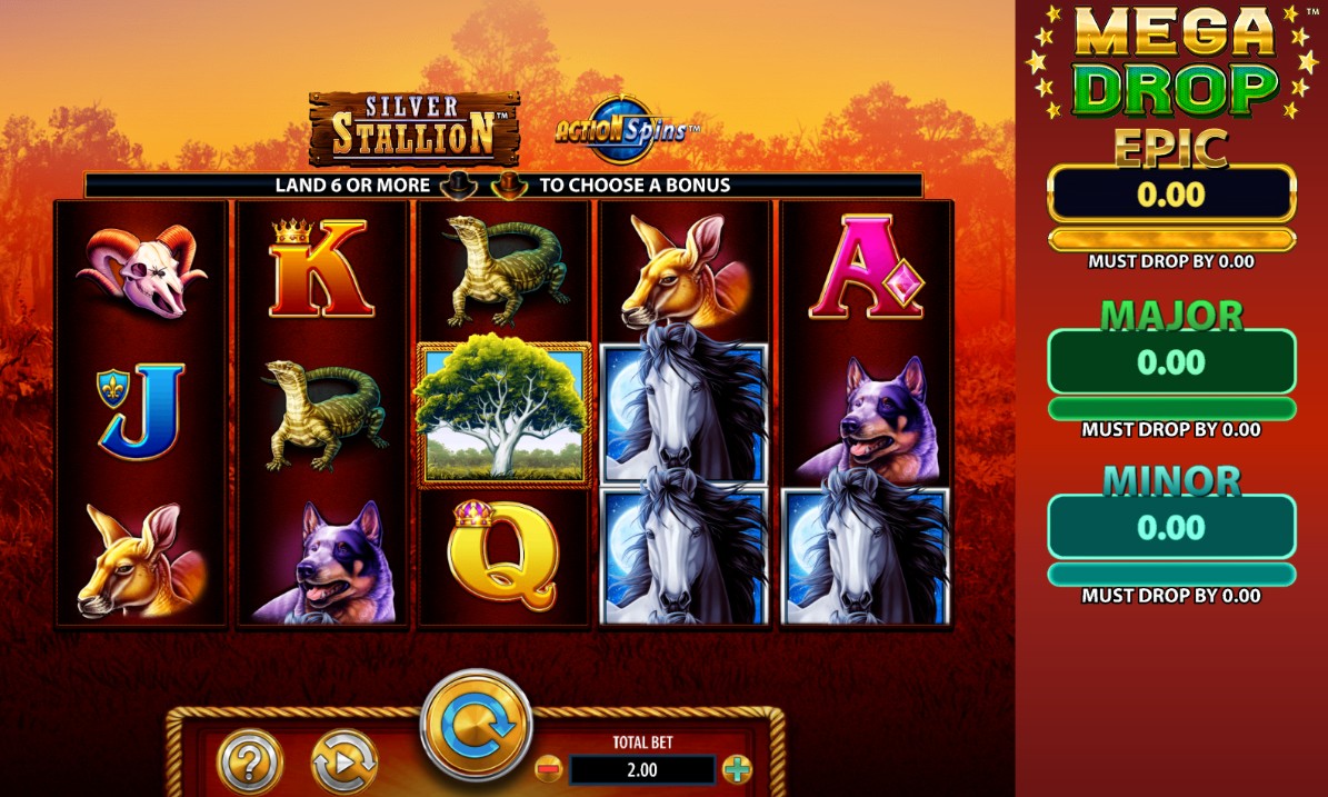 The 5x3 grid of the Silver Stallion Action Spins slot in the base game, set against an Australian outback background with animal symbols on the reels.