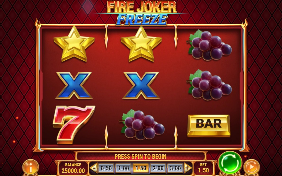 The 3x3 grid of the Fire Joker Freeze slot demo, showing classic fruit symbols, stars, and bars before a spin.