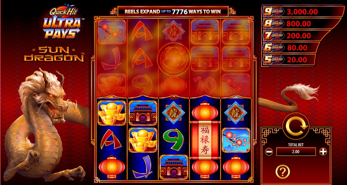 The base game grid of Quick Hit Ultra Pays Sun Dragon slot, showing the default 243 ways and covered top reels.
