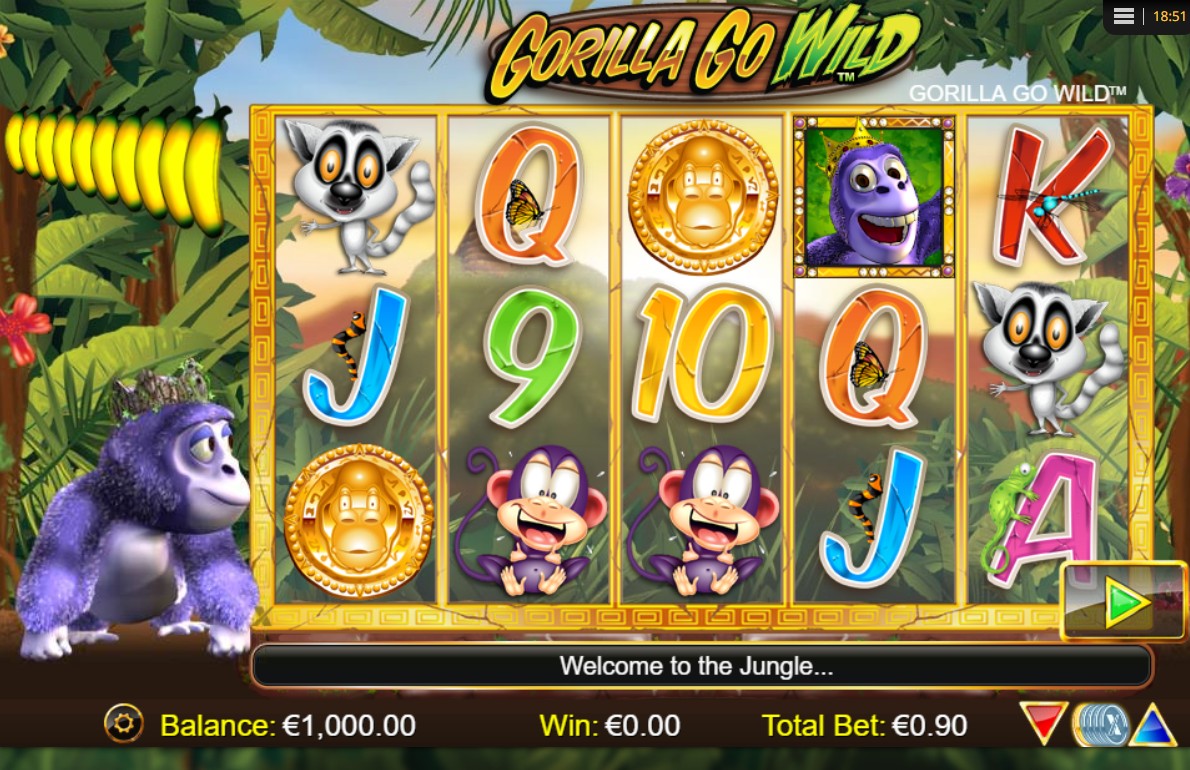 The base game screen of Gorilla Go Wild slot, showing Gary the Gorilla next to the 5x3 reels in a lush jungle setting.