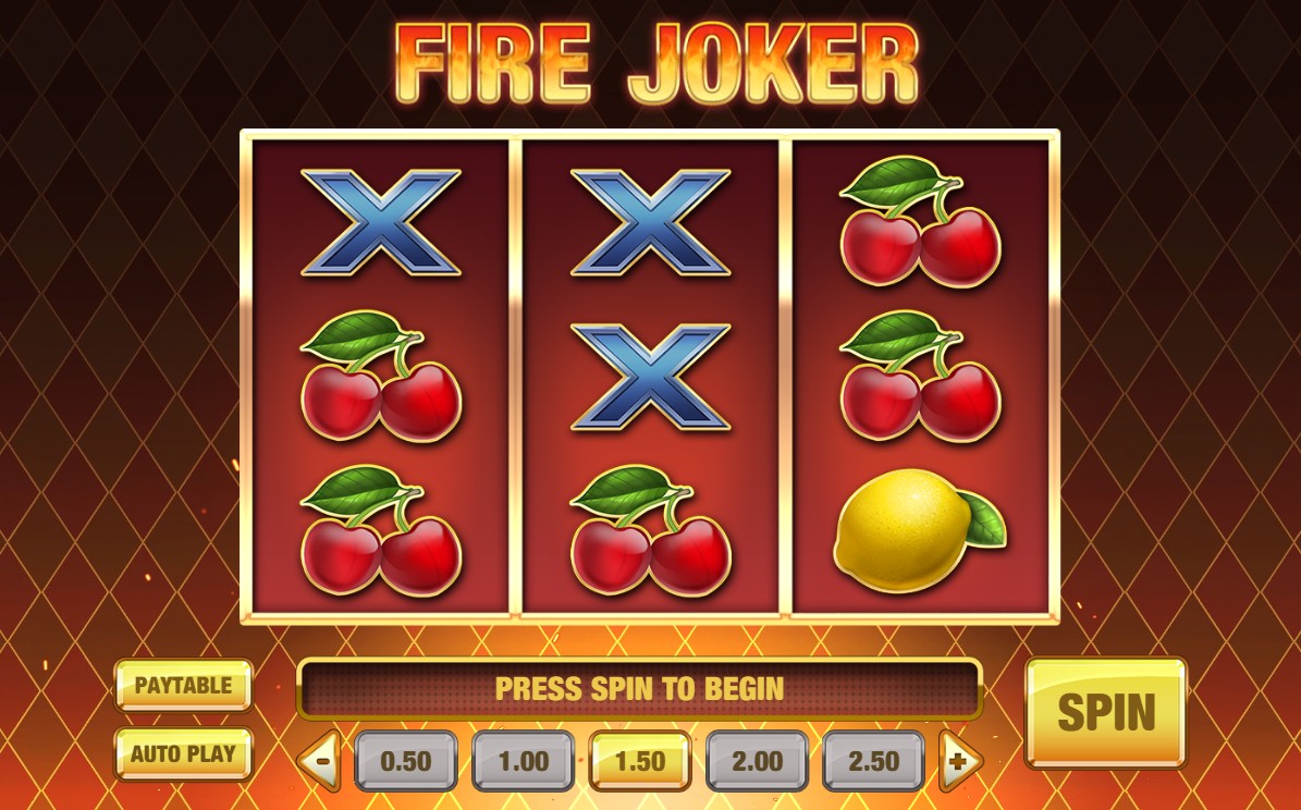 The base game screen of the Fire Joker slot, showing the 3x3 reel layout and classic fruit symbols.