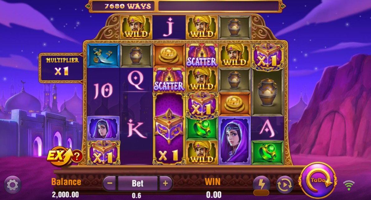 The main game grid of the Ali BaBa slot, showing the 6-reel layout and Arabian desert theme.