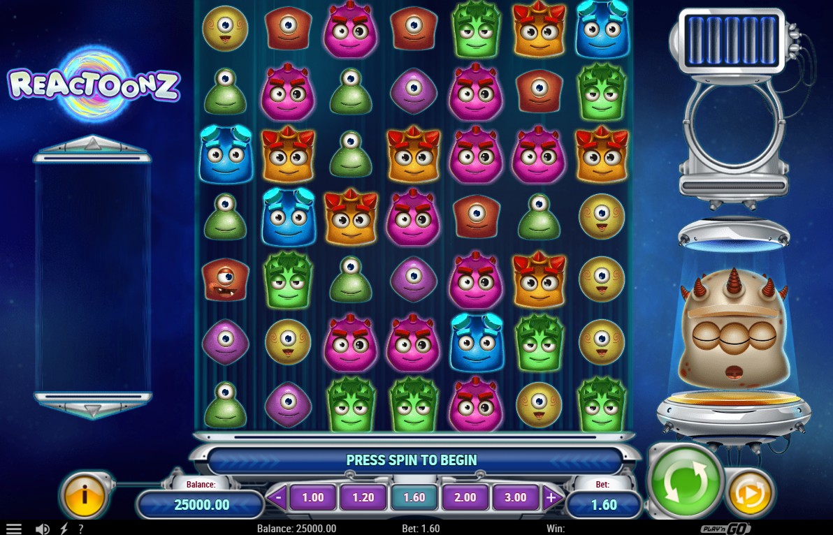 The 7x7 game grid of the Reactoonz slot, showing colorful alien symbols and the Quantum Leap meter at the start of a spin.