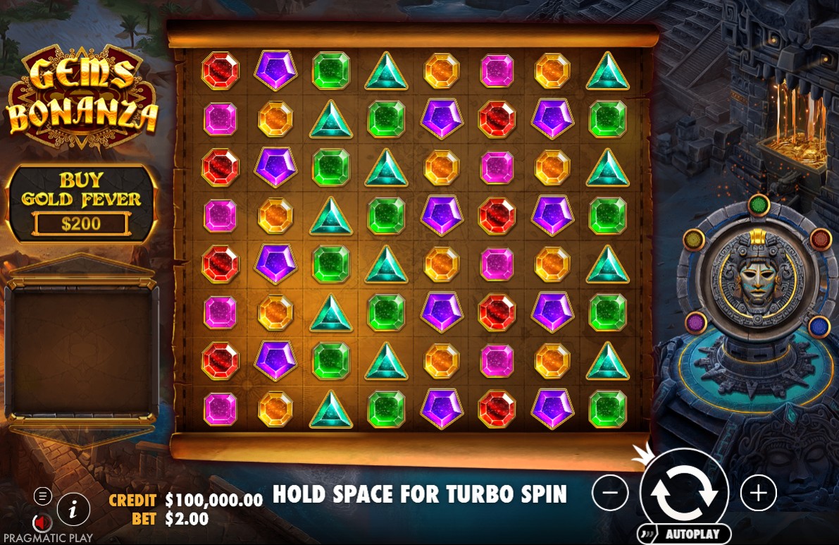 The base game screen of the Gems Bonanza slot, showing the 8x8 grid filled with colorful gems and the Aztec-themed interface.