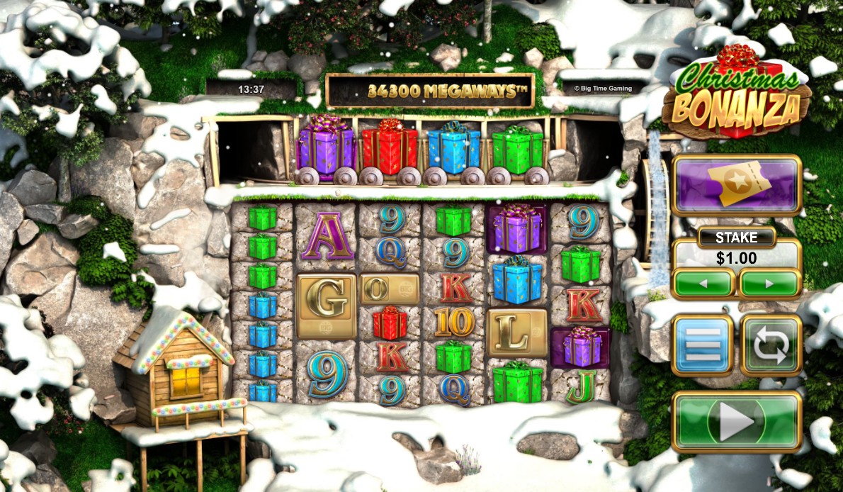The main game screen of the Christmas Bonanza slot, showing the 6 reels and top cart in a snowy mine setting.