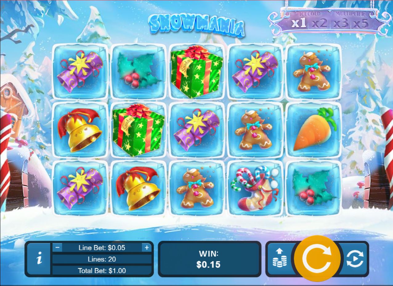 The main 5x3 game grid of the Snowmania slot, showing ice-covered symbols and the Morph Magic multiplier meter.