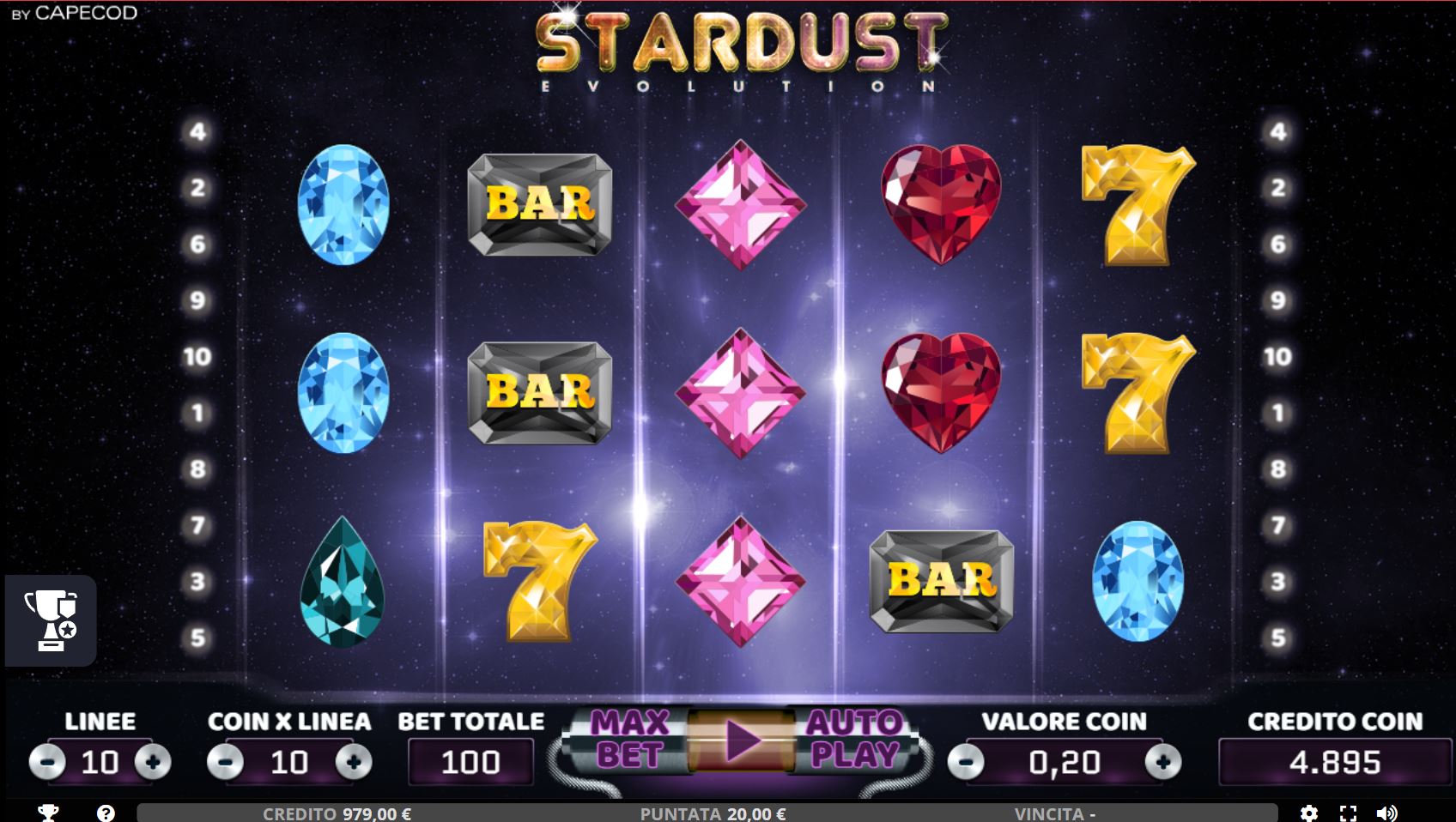 The main game board of the Stardust Evolution slot, showing the 5x3 reel layout against a deep space background.