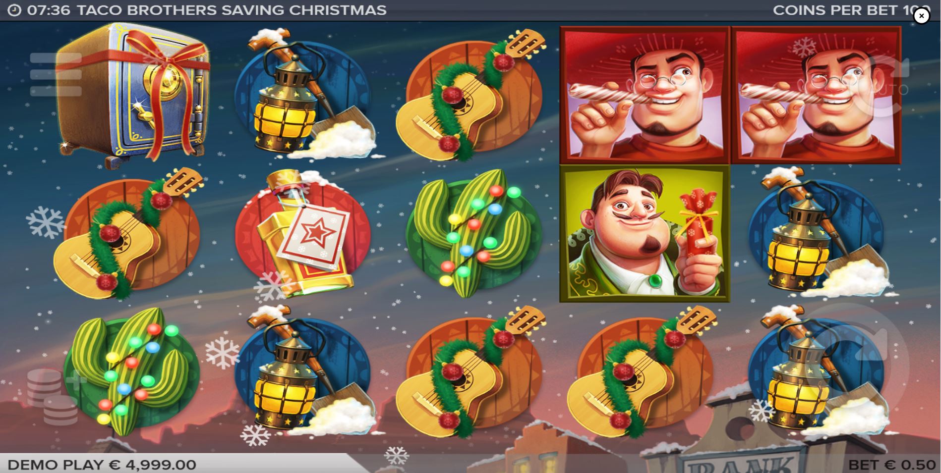 The main game screen of the Taco Brothers Saving Christmas slot, showing the 5x3 reel layout set against a snowy Mexican village backdrop.
