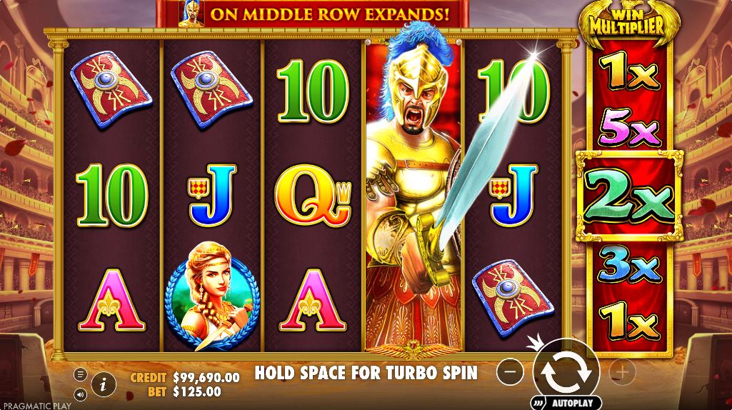 Wild Gladiators slot base game screen showing the 6-reel layout and Roman-themed symbols.