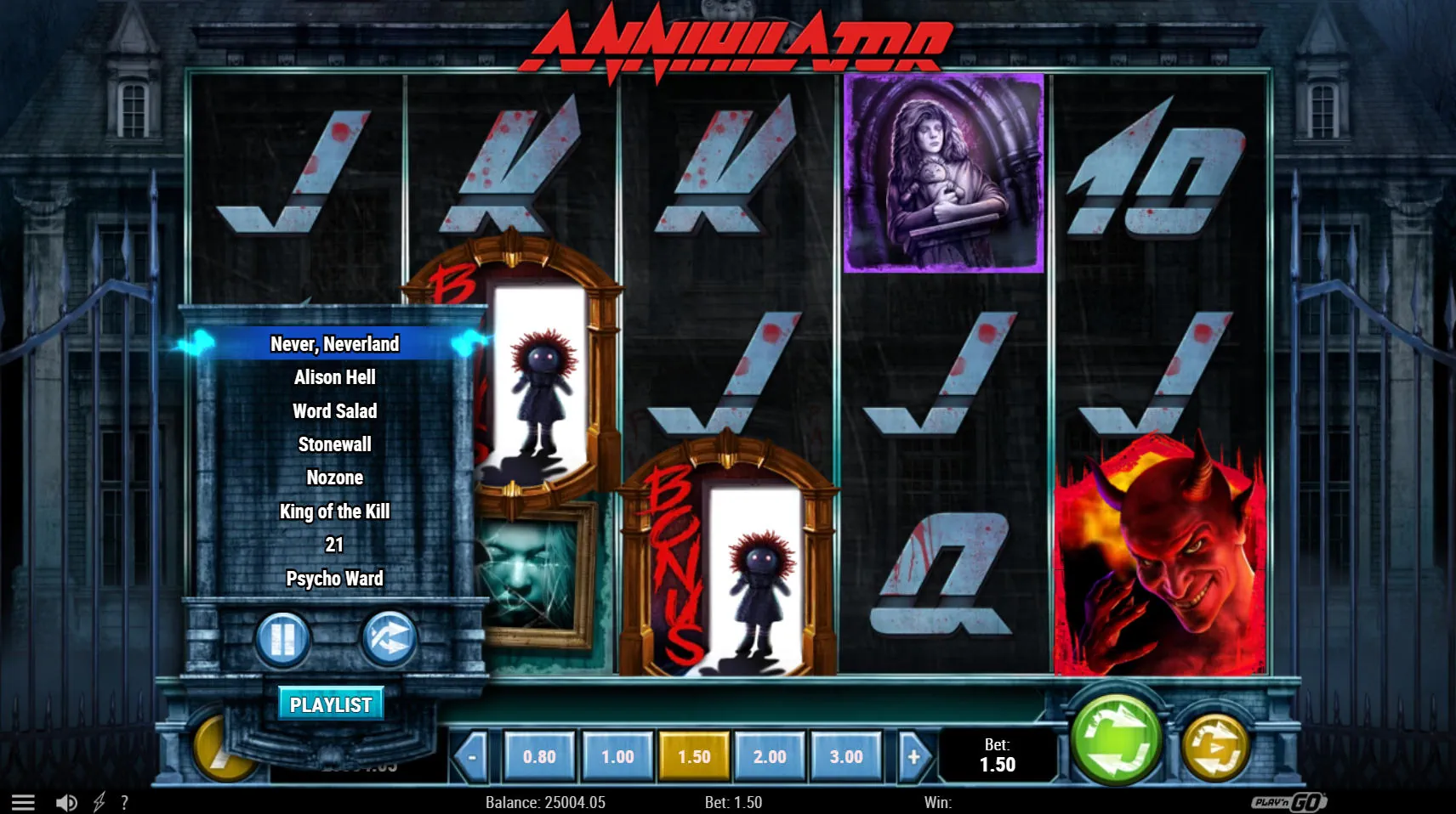 Base game of Annihilator slot showing the open music playlist menu allowing players to select heavy metal tracks during gameplay