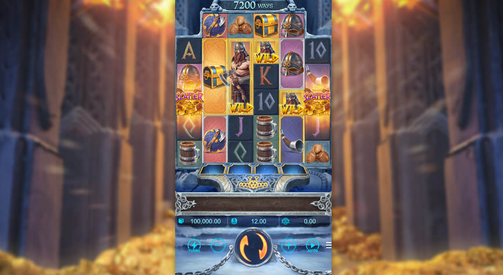 Asgardian Rising slot grid displaying Viking warrior symbols and the raven scatter on the 6-reel layout
